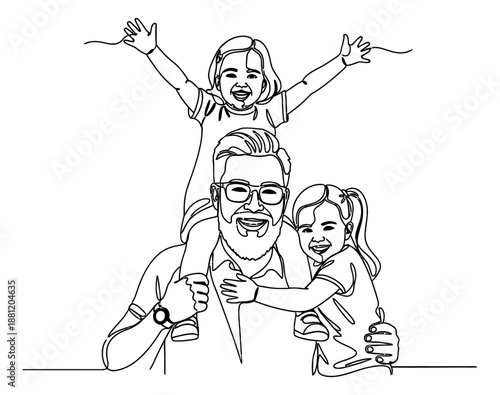 Continuous line art illustration of a father and his two daughters depicting happy family bonding for fatherhood and parenting concepts