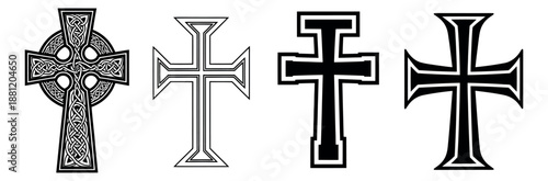 Stylized graphic cross set featuring various religious and decorative designs for spiritual and historical themes