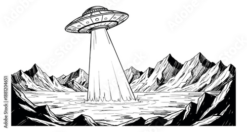 Hand drawn line art illustration of a UFO depicting a light beam over a mountain lake for science fiction concepts