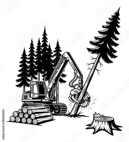 Line art illustration of a tree harvester depicting cutting down a forest tree for the timber industry