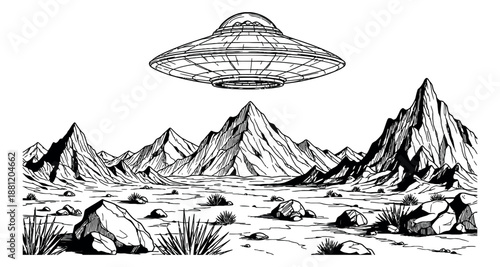Hand drawn line art illustration of a flying saucer and desert mountains depicting a mysterious alien landscape for science fiction concepts