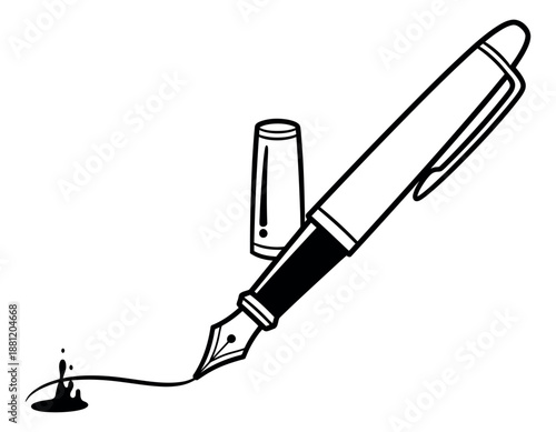 Line art illustration of a fountain pen depicting writing with an inkblot for education and creativity