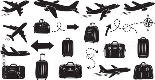 Travel icons with luggage and airplanes in black and white