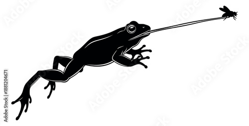 Black silhouette illustration of a frog depicting a fly being caught by its tongue for wildlife concepts