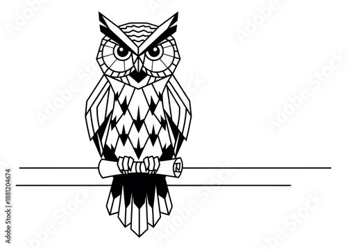 Geometric line art illustration of an owl depicting holding a scroll for education and wisdom