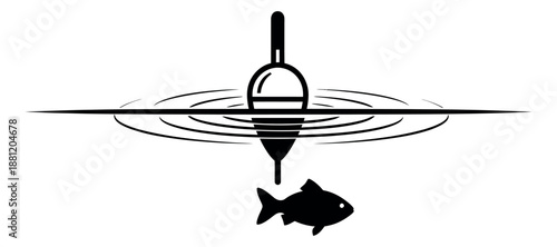 Minimalist line art illustration of a fishing bobber and fish depicting a fishing scene for recreational angling