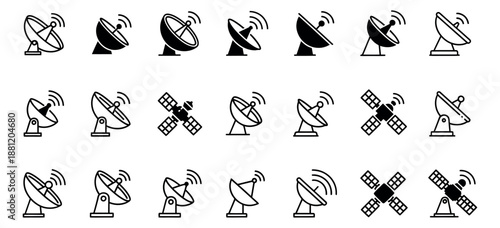 Modern line art and solid icon set featuring satellite dishes and communication satellites for digital communication projects