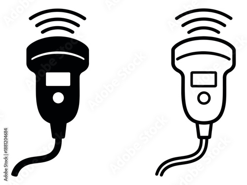 Line art and solid icon ultrasound transducer set featuring sound waves for medical diagnostic purposes