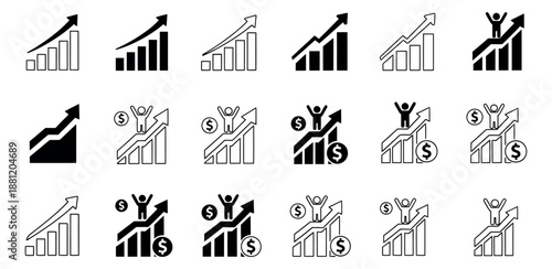 Modern graphic growth icon set featuring upward trending bar graphs, arrows, celebrating figures, and dollar signs for financial progress and business success