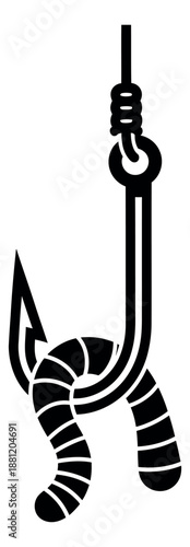 Line art illustration of a fishing hook with a worm depicting readiness as bait for recreational fishing