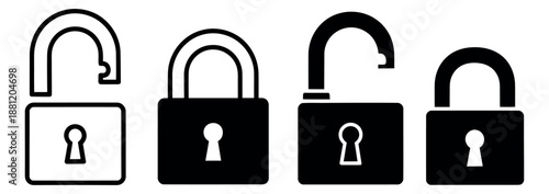 Clean icon padlock set featuring open and closed locks for security and access control