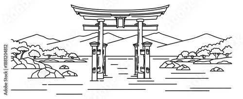 Line art illustration of a torii gate depicting a traditional japanese landscape for travel and culture