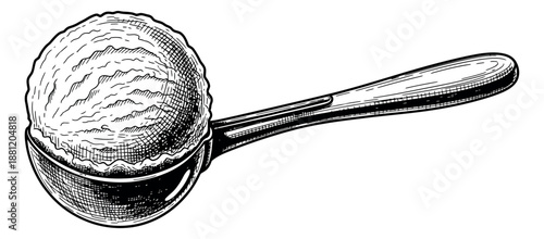 Hand drawn line art illustration of an ice cream scoop depicting a dessert serving for sweet food menus