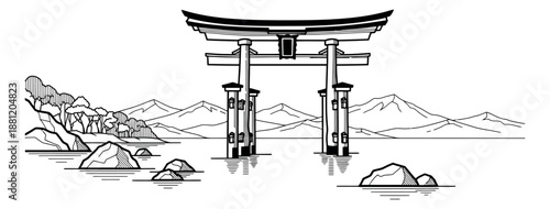 Hand drawn line art illustration of a Torii gate depicting a traditional Japanese scene with mountains and water for travel and culture