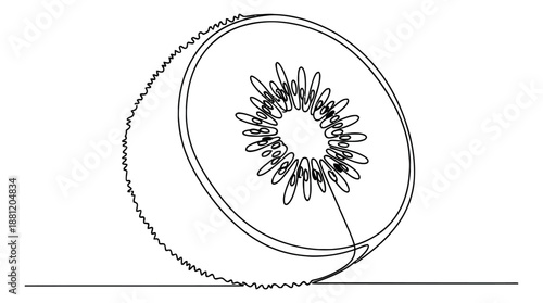 Hand drawn line art illustration of a kiwi fruit slice depicting its seeds and pulp for healthy food concepts