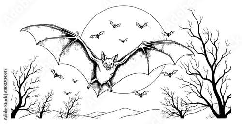 Hand drawn line art illustration of bats depicting a spooky moonlit night for Halloween