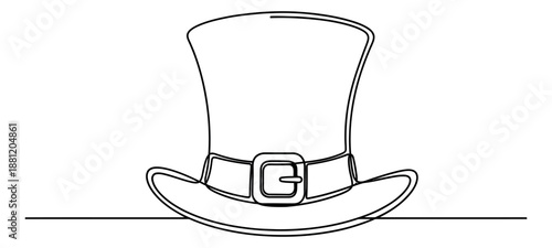 Continuous line art illustration of a top hat depicting a classic design with a buckle for St. Patrick's Day events