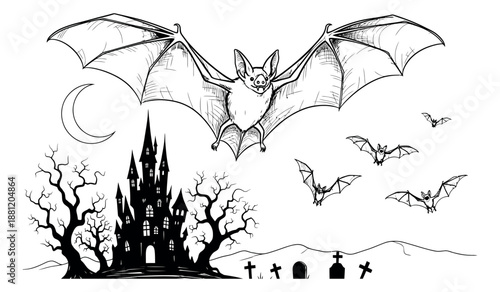 Hand drawn line art Halloween set featuring flying bats, a haunted castle, dead trees, a moon, and gravestones for spooky designs