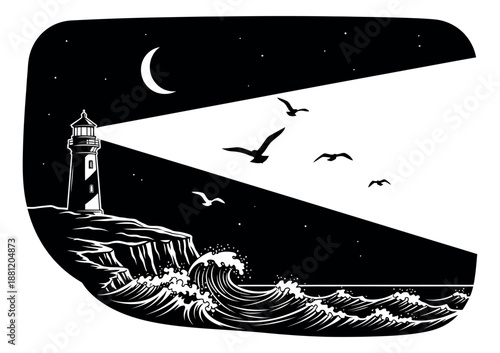 Hand drawn line art illustration of a lighthouse depicting a guiding beam over a stormy sea at night for nautical themes