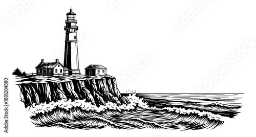 Vintage hand drawn illustration of a lighthouse on a cliff depicting crashing ocean waves for maritime themes