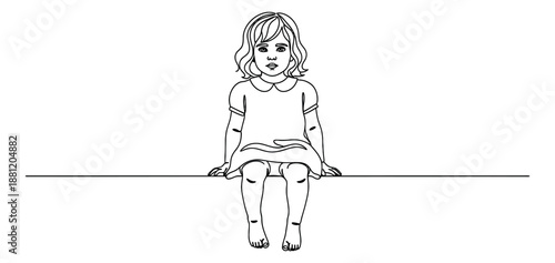Line art illustration of a young girl depicting sitting and looking forward for childhood designs