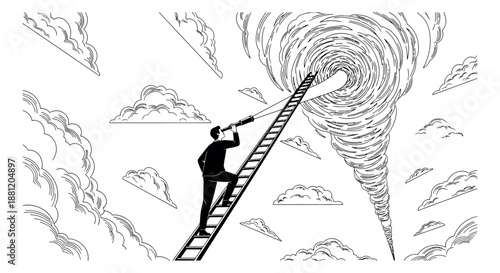 Hand drawn line art illustration of a businessman depicting climbing a ladder and observing a future portal for new opportunities and challenges