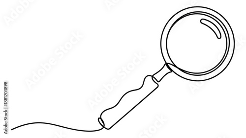 Continuous line art illustration of a magnifying glass depicting search, discovery, and focus for business and educational concepts