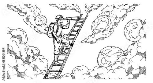 Hand drawn line art illustration of an explorer climbing a ladder among clouds to look at celestial bodies through a telescope for future aspirations and vision