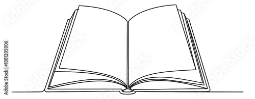 Hand drawn line art illustration of an open book depicting blank pages for learning and education