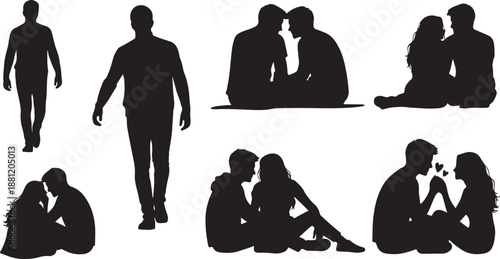 Silhouettes of couples and singles in various emotional poses
