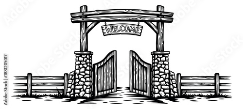Hand drawn line art illustration of a rustic welcome gate depicting an open entrance for ranch hospitality
