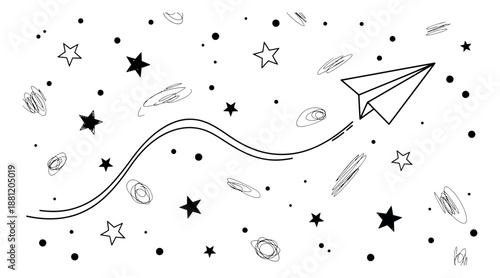 Hand drawn illustration of a paper airplane depicting flight through a whimsical sky for concepts of dreams and adventure