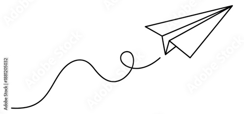 Hand drawn line art illustration of a paper airplane depicting flying with a creative flight path for travel and communication concepts