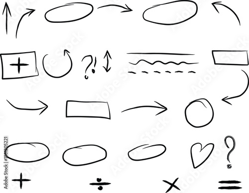 Collection of hand drawn arrows and mathematical symbols