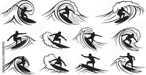 Surfer riding waves in various dynamic poses and styles