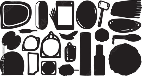 Collection of black silhouette icons for everyday objects isolated