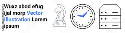 Strategy, time tracking, data analysis, technology, business planning, decision-making. A chess knight, clock and server symbol. Strategy and time tracking concept for efficient decision-making