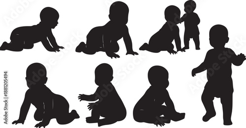 Silhouettes of babies crawling and walking in various poses