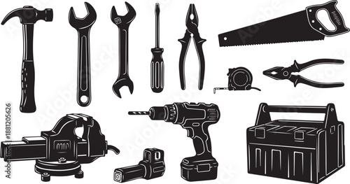 Collection of various black tools and equipment on white