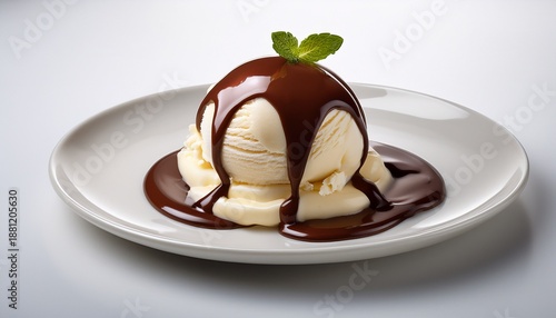 Decadent Chocolate Sauce Drizzled Over Creamy Vanilla Ice Cream Clean Plate Food Minimalist Style