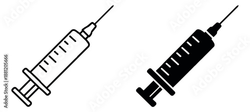 Outline and solid syringe icons set featuring line art and filled versions for medical treatment