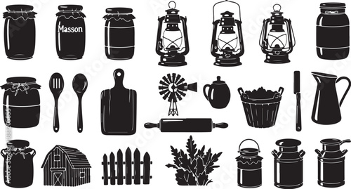 Black and white farmhouse kitchen utensils and tools illustration set
