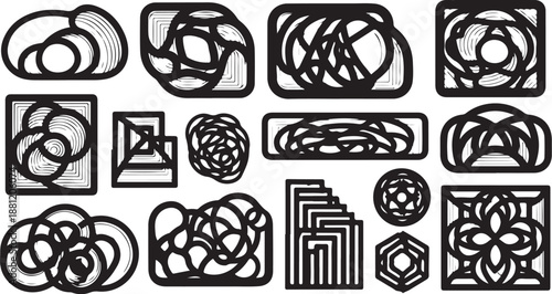 Geometric shapes and abstract designs in black and white