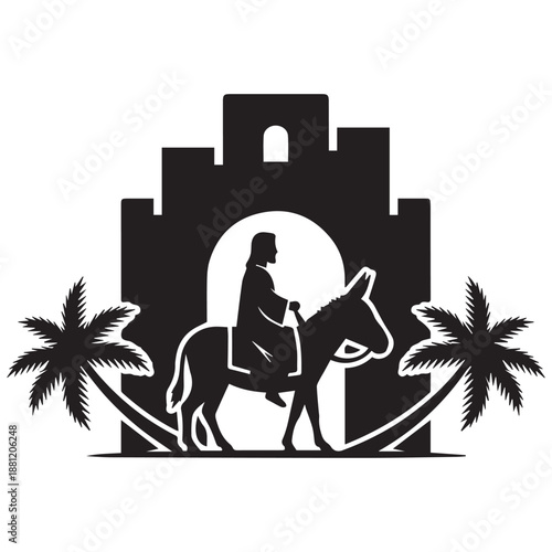 Rider approaching ancient castle isolated on white background, Vector, illustration