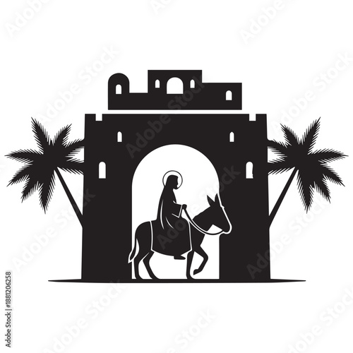 Rider entering ancient gate isolated on white background, Vector, illustration
