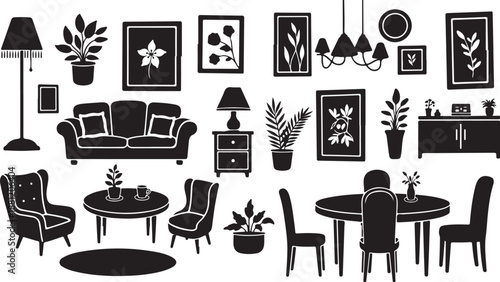 Modern home decor interior design elements and furniture icons