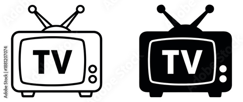 Retro line art and silhouette television icons set featuring old-fashioned TVs with bunny ear antennas for broadcast media and entertainment