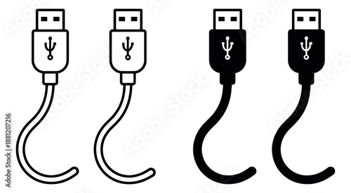 Outline and solid fill USB connector icon set featuring male type A plugs for electronic device design