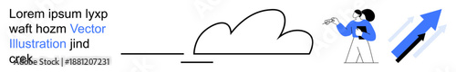 Data analysis, cloud computing, technology services, business growth, digital strategy, progress visualization. Minimalist ion of a cloud, upward arrow and person analyzing data. Cloud computing