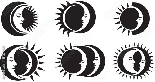 Sun and Moon Phases Silhouette Icons Set Black White